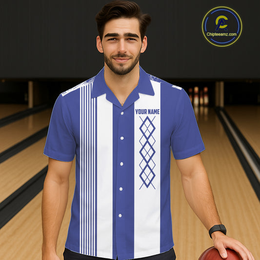 Blue and White Argyle Flame Bowling Hawaiian Shirt Custom bowling team jerseys NQS11312