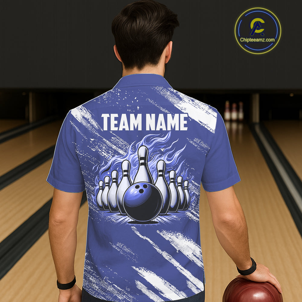 Blue and White Argyle Flame Bowling Hawaiian Shirt Custom bowling team jerseys NQS11312