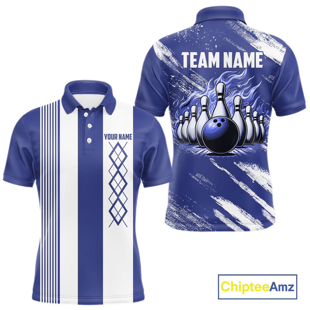Blue and White Argyle Flame bowling Men Polo, 1/4 Quarter Zip Shirts Custom bowling team jerseys NQS11312