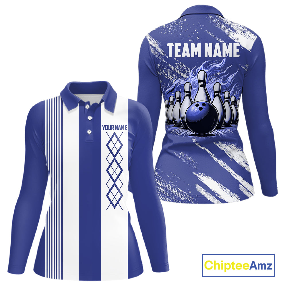 Blue and White Argyle Flame bowling Women Polo, 1/4 Quarter Zip Shirts Custom bowling team jerseys NQS11312