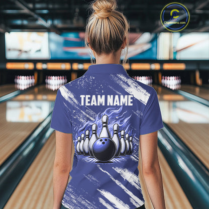 Blue and White Argyle Flame bowling Women Polo, 1/4 Quarter Zip Shirts Custom bowling team jerseys NQS11312