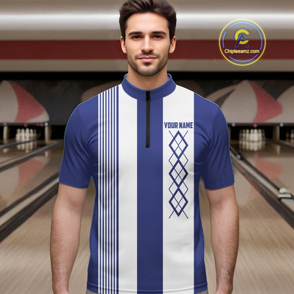 Blue and White Argyle Flame bowling Men Polo, 1/4 Quarter Zip Shirts Custom bowling team jerseys NQS11312
