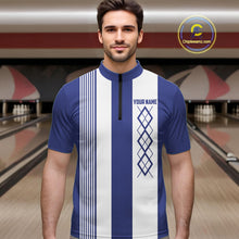 Load image into Gallery viewer, Blue and White Argyle Flame bowling Men Polo, 1/4 Quarter Zip Shirts Custom bowling team jerseys NQS11312