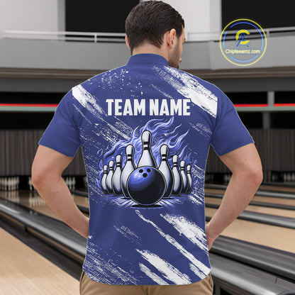 Blue and White Argyle Flame bowling Men Polo, 1/4 Quarter Zip Shirts Custom bowling team jerseys NQS11312