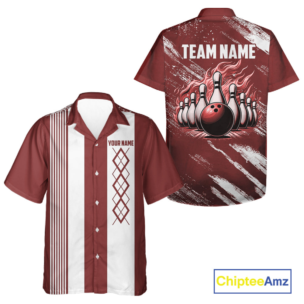 Red and White retro Argyle Flame Bowling Hawaiian Shirt Custom bowling team jersey NQS11313