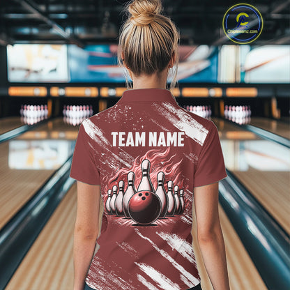 Red and White retro Argyle Flame bowling Women Polo, 1/4 Quarter Zip Shirt Custom bowling team jersey NQS11313