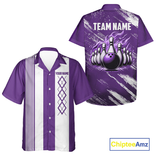 Purple & White retro Argyle Flame Bowling Hawaiian Shirt Custom bowling team jersey NQS11314