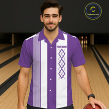 Load image into Gallery viewer, Purple &amp; White retro Argyle Flame Bowling Hawaiian Shirt Custom bowling team jersey NQS11314