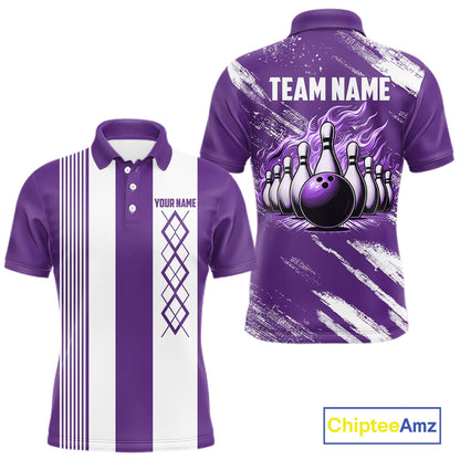 Purple & White retro Argyle Flame bowling Men Polo, 1/4 Quarter Zip Shirts Custom bowling team jersey NQS11314