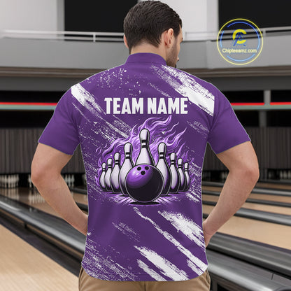 Purple & White retro Argyle Flame bowling Men Polo, 1/4 Quarter Zip Shirts Custom bowling team jersey NQS11314