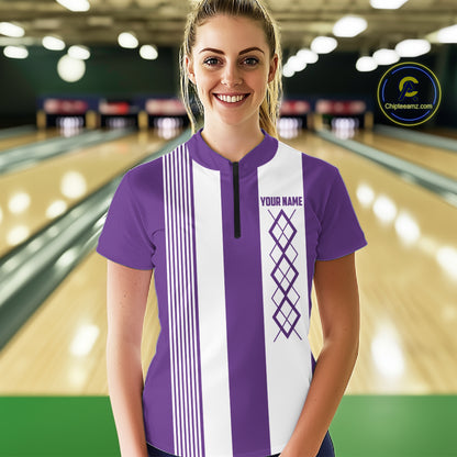 Purple & White retro Argyle Flame bowling Women Polo, 1/4 Zip Shirts Custom bowling team jersey NQS11314