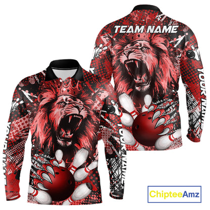 Red Camo Lion roar Bowling Polo, Quarter Zip Shirts for Men Custom Lion Bowling Team jerseys NQS11523