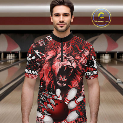 Red Camo Lion roar Bowling Polo, Quarter Zip Shirts for Men Custom Lion Bowling Team jerseys NQS11523