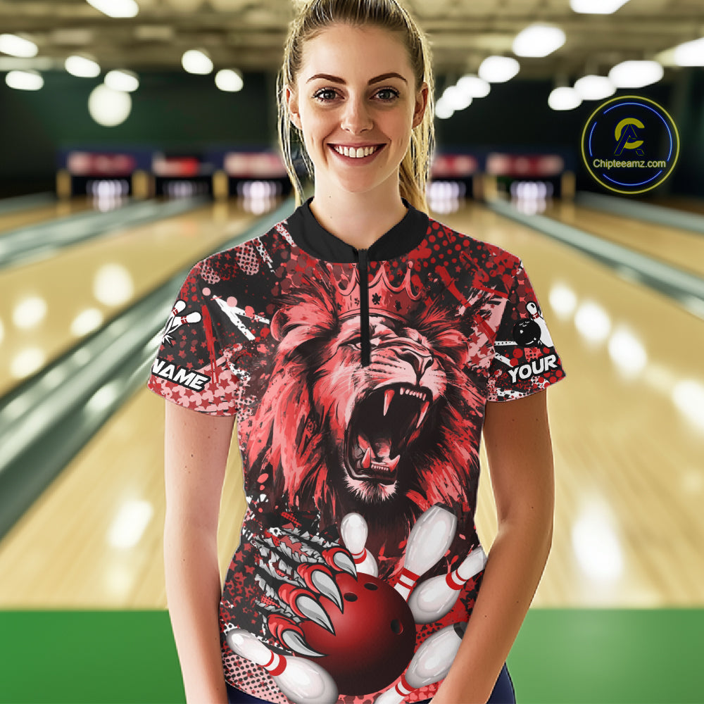Red Camo Lion roar Bowling Polo, Quarter Zip Shirts for Women Custom Lion Bowling Team jerseys NQS11523