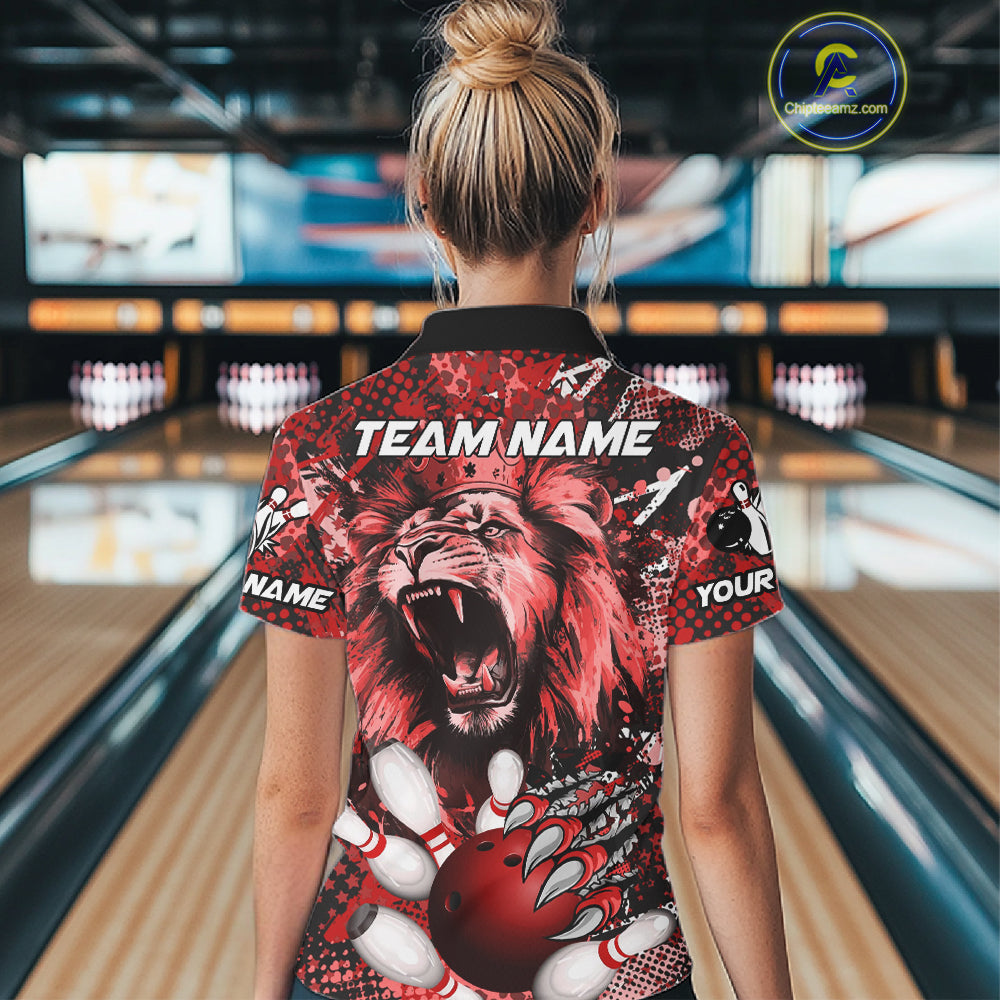 Red Camo Lion roar Bowling Polo, Quarter Zip Shirts for Women Custom Lion Bowling Team jerseys NQS11523