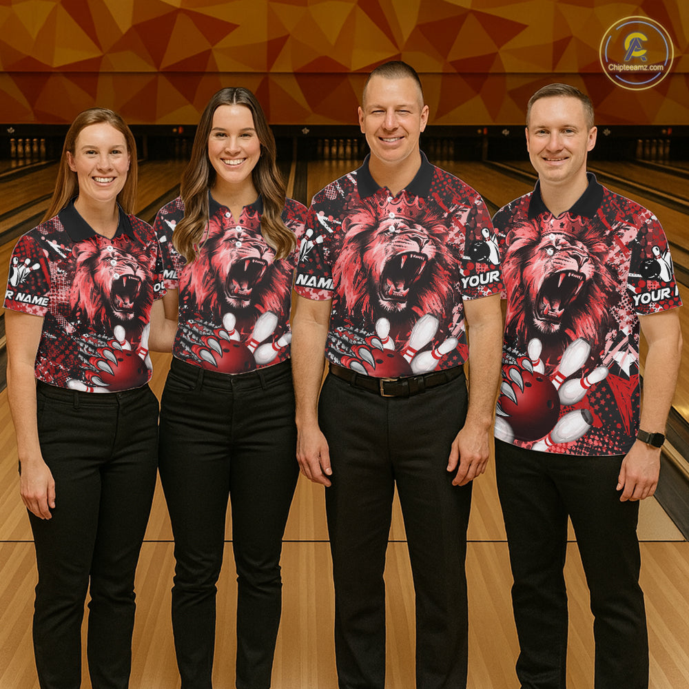 Red Camo Lion roar Bowling Polo, Quarter Zip Shirts for Men Custom Lion Bowling Team jerseys NQS11523