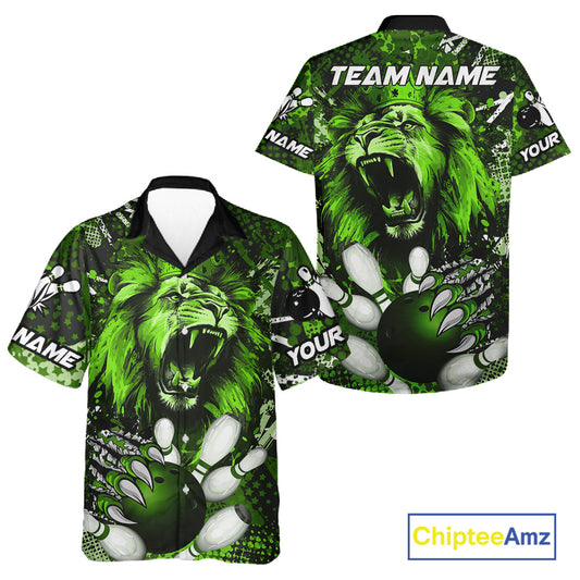 Green Camo Lion roar Bowling Hawaiian Shirt Custom Lion Bowling Team button up shirts NQS11524