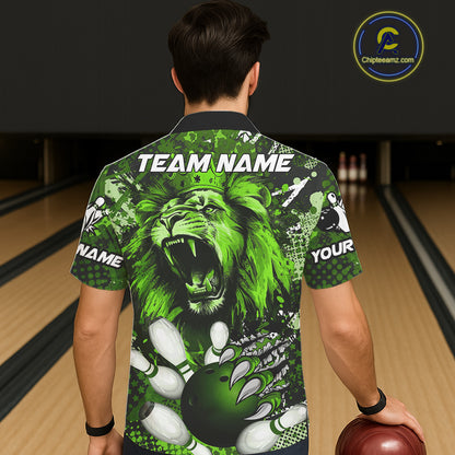 Green Camo Lion roar Bowling Hawaiian Shirt Custom Lion Bowling Team button up shirts NQS11524