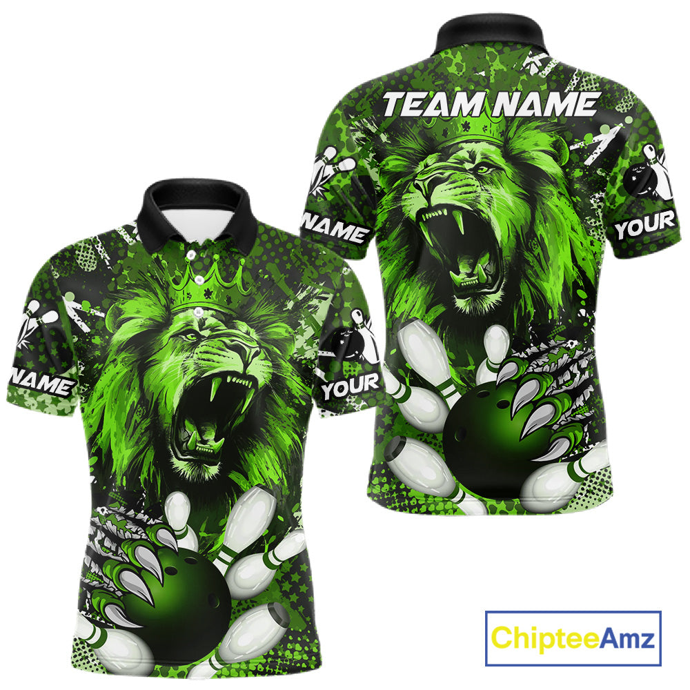 Green Camo Lion roar Bowling Polo, Quarter Zip Shirts for Men Custom Lion Bowling Team jerseys NQS11524