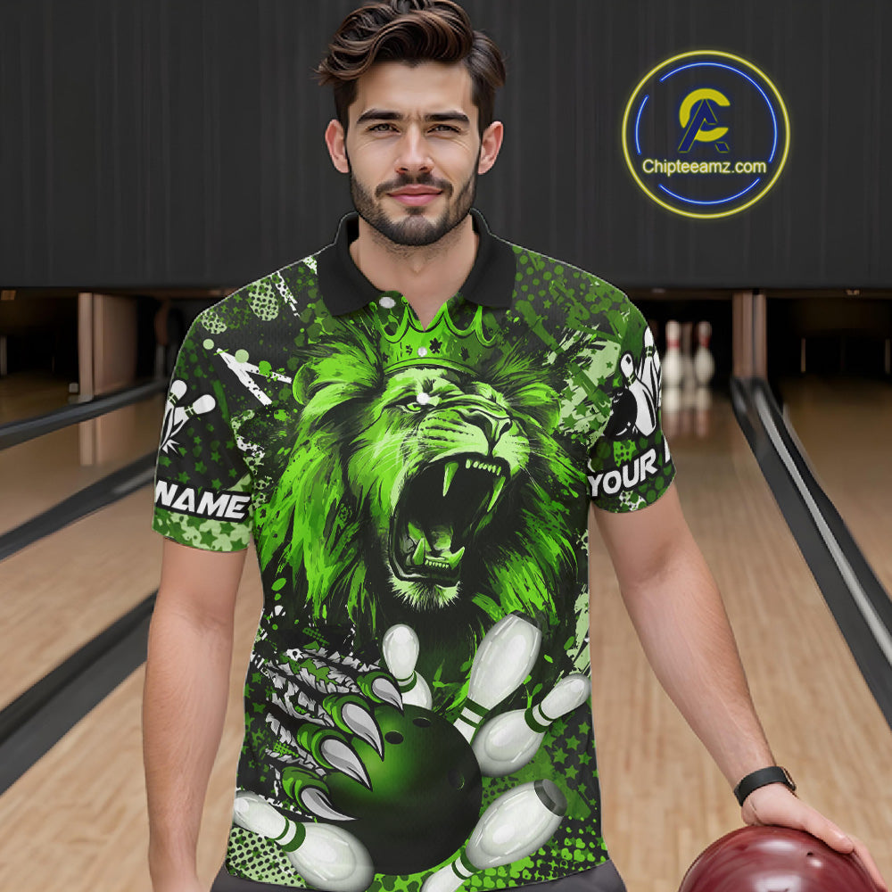 Green Camo Lion roar Bowling Polo, Quarter Zip Shirts for Men Custom Lion Bowling Team jerseys NQS11524