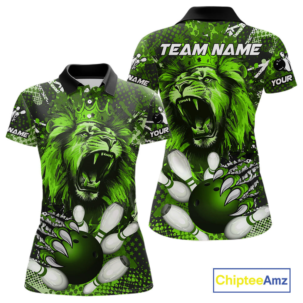 Green Camo Lion roar Bowling Polo, Quarter Zip Shirts for Women Custom Lion Bowling Team jerseys NQS11524