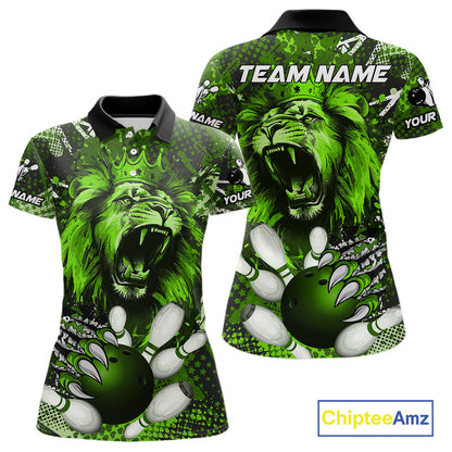 Green Camo Lion roar Bowling Polo, Quarter Zip Shirts for Women Custom Lion Bowling Team jerseys NQS11524