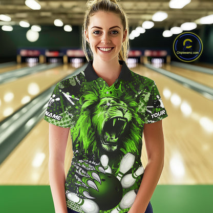Green Camo Lion roar Bowling Polo, Quarter Zip Shirts for Women Custom Lion Bowling Team jerseys NQS11524