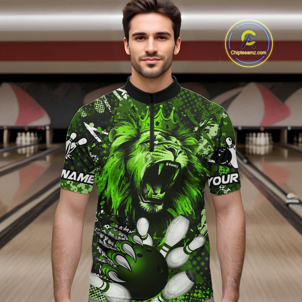 Green Camo Lion roar Bowling Polo, Quarter Zip Shirts for Men Custom Lion Bowling Team jerseys NQS11524