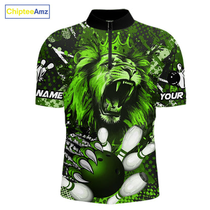Green Camo Lion roar Bowling Polo, Quarter Zip Shirts for Men Custom Lion Bowling Team jerseys NQS11524
