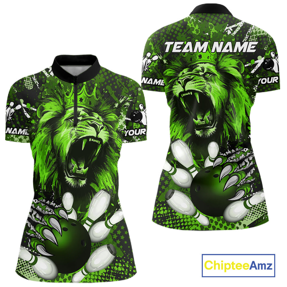 Green Camo Lion roar Bowling Polo, Quarter Zip Shirts for Women Custom Lion Bowling Team jerseys NQS11524