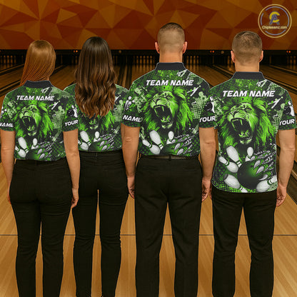 Green Camo Lion roar Bowling Polo, Quarter Zip Shirts for Women Custom Lion Bowling Team jerseys NQS11524
