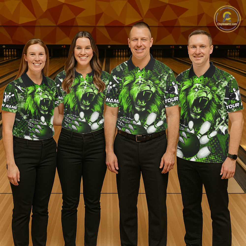 Green Camo Lion roar Bowling Polo, Quarter Zip Shirts for Women Custom Lion Bowling Team jerseys NQS11524