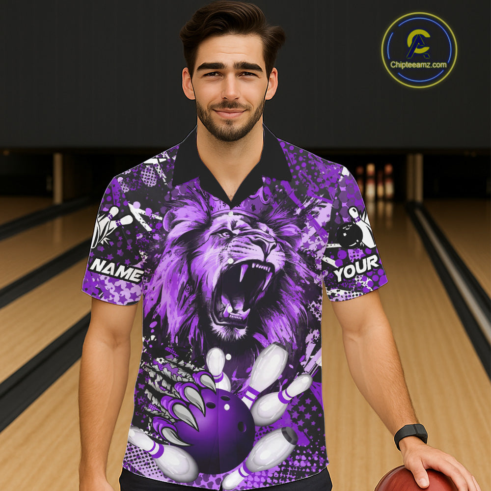 Purple Camo Lion roar Bowling Hawaiian Shirt Custom Lion Bowling Team button up shirts NQS11525