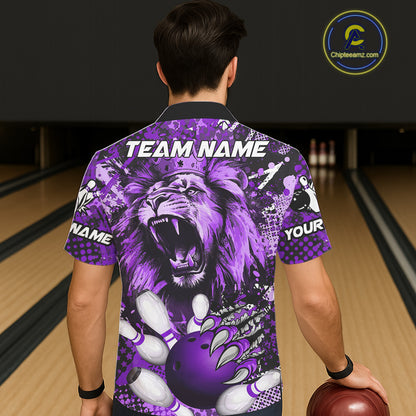 Purple Camo Lion roar Bowling Hawaiian Shirt Custom Lion Bowling Team button up shirts NQS11525