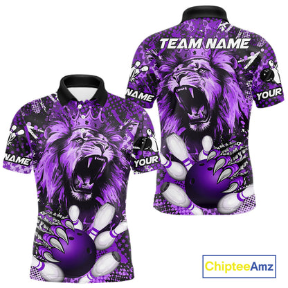 Purple Camo Lion roar Bowling Polo, Quarter Zip Shirts for Men Custom Lion Bowling Team jerseys NQS11525