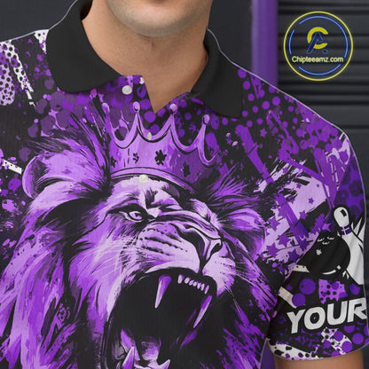 Purple Camo Lion roar Bowling Polo, Quarter Zip Shirts for Men Custom Lion Bowling Team jerseys NQS11525