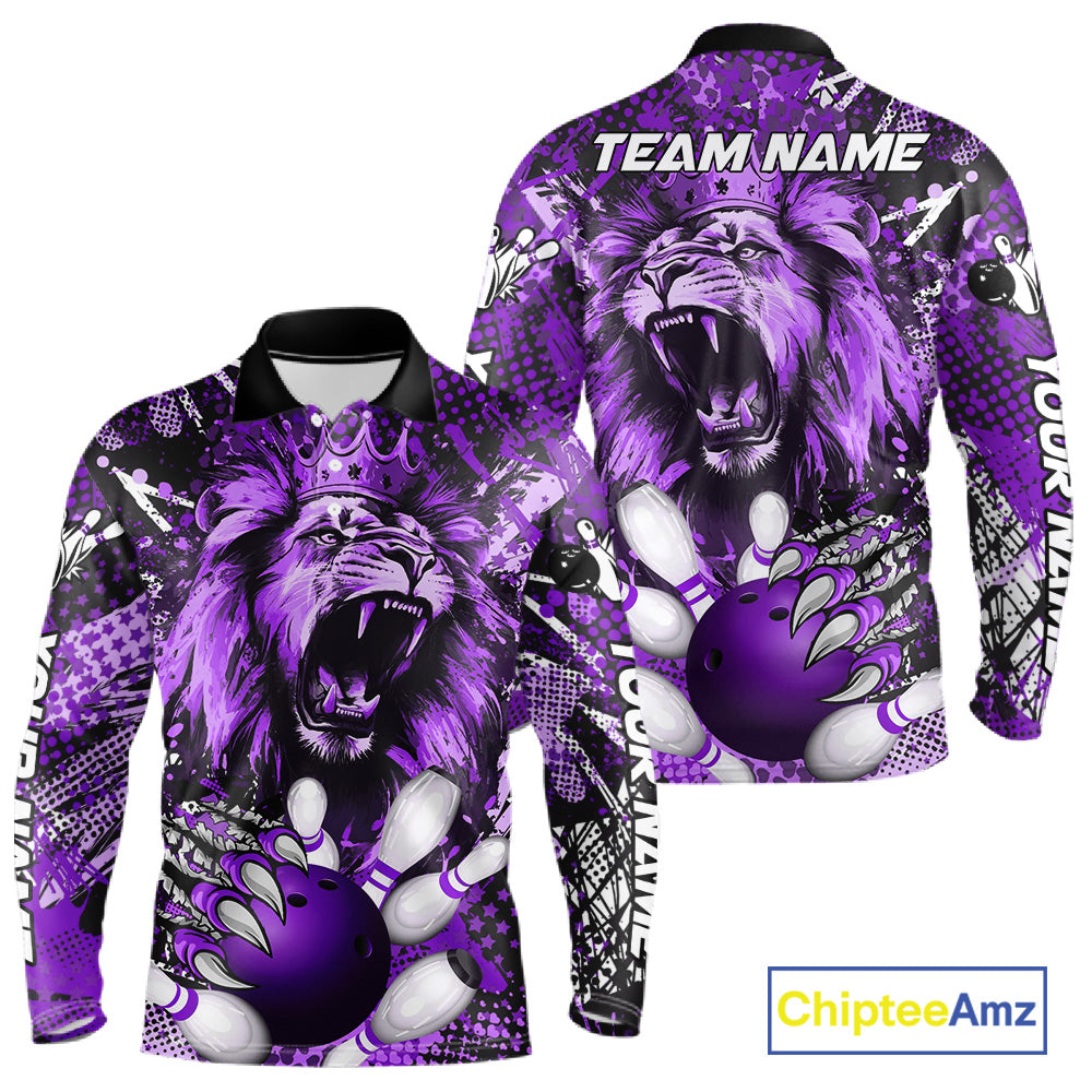 Purple Camo Lion roar Bowling Polo, Quarter Zip Shirts for Men Custom Lion Bowling Team jerseys NQS11525