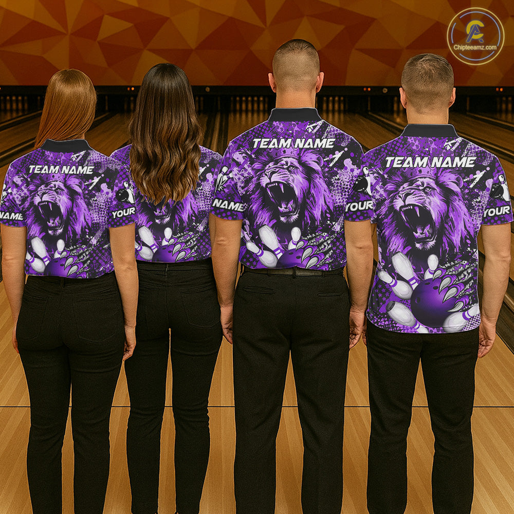 Purple Camo Lion roar Bowling Polo, Quarter Zip Shirts for Men Custom Lion Bowling Team jerseys NQS11525