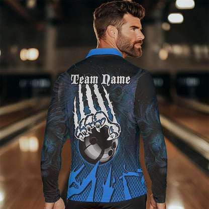 Black and Blue Lion Bowling Polo, Quarter Zip Shirts For Men Custom Team Lion Bowling Jerseys NQS9596