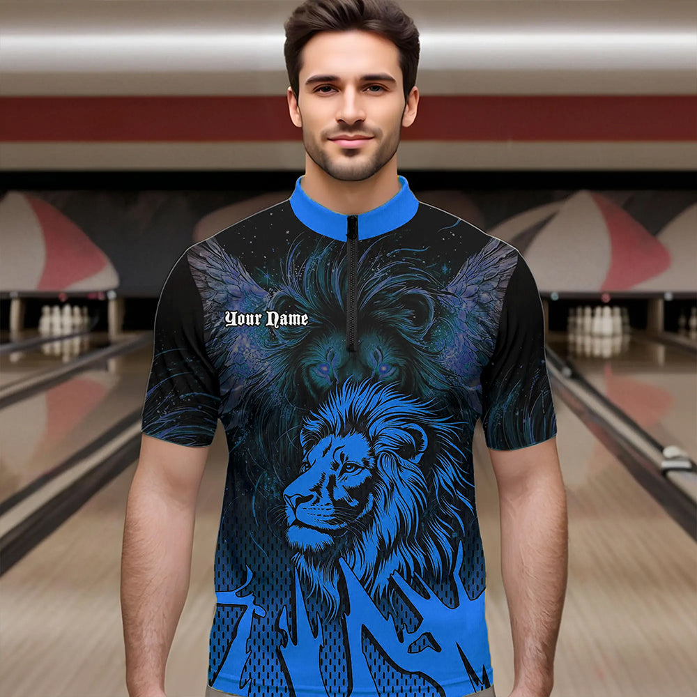 Black and Blue Lion Bowling Polo, Quarter Zip Shirts For Men Custom Team Lion Bowling Jerseys NQS9596