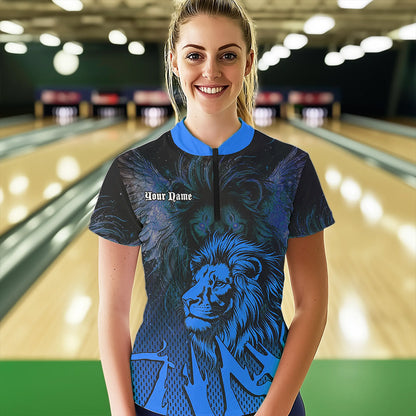 Black and Blue Lion Bowling Polo, Quarter Zip Shirts For Women Custom Team Lion Bowling Jerseys NQS9596
