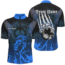 Load image into Gallery viewer, Black and Blue Lion Bowling Polo, Quarter Zip Shirts For Men Custom Team Lion Bowling Jerseys NQS9596
