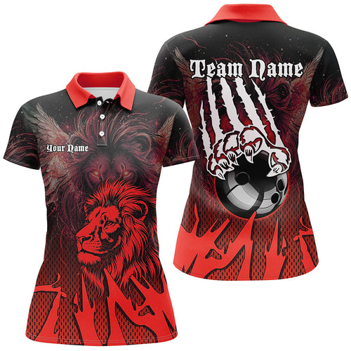 Black and Red Lion Bowling Polo, Quarter Zip Shirts For Women Custom Team Lion Bowling Jerseys NQS9598