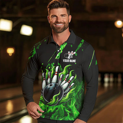 Green Flame Bowling Polo, 1/4 Zip jerseys for Men Custom St Patrick Bowling Team jerseys for bowlers NQS9600