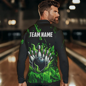 Green Flame Bowling Polo, 1/4 Zip jerseys for Men Custom St Patrick Bowling Team jerseys for bowlers NQS9600