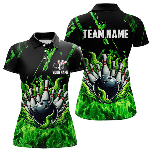Green Flame Bowling Polo, 1/4 Zip jerseys for Women Custom Bowling Team jerseys for bowlers NQS9600