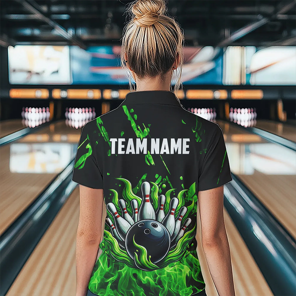 Green Flame Bowling Polo, 1/4 Zip jerseys for Women Custom Bowling Team jerseys for bowlers NQS9600