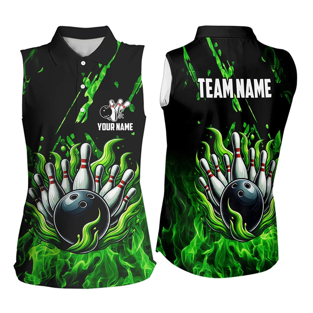 Green Flame Bowling Sleeveless Polo Shirt for Women Custom St Patrick Bowling Team jerseys for bowlers NQS9600