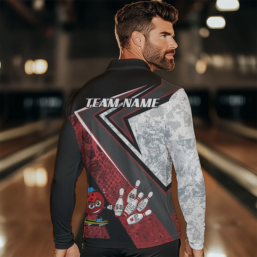 Funny Bowling ball and Pins Mens bowling shirt Custom Camo Bowling Team Jersey, gift for Bowler | Red NQS9604