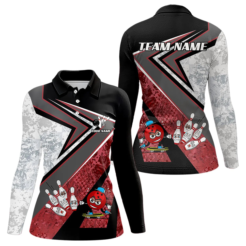 Funny Bowling ball and Pins Women bowling shirt Custom Camo Bowling Team Jersey, gift for Bowler | Red NQS9604